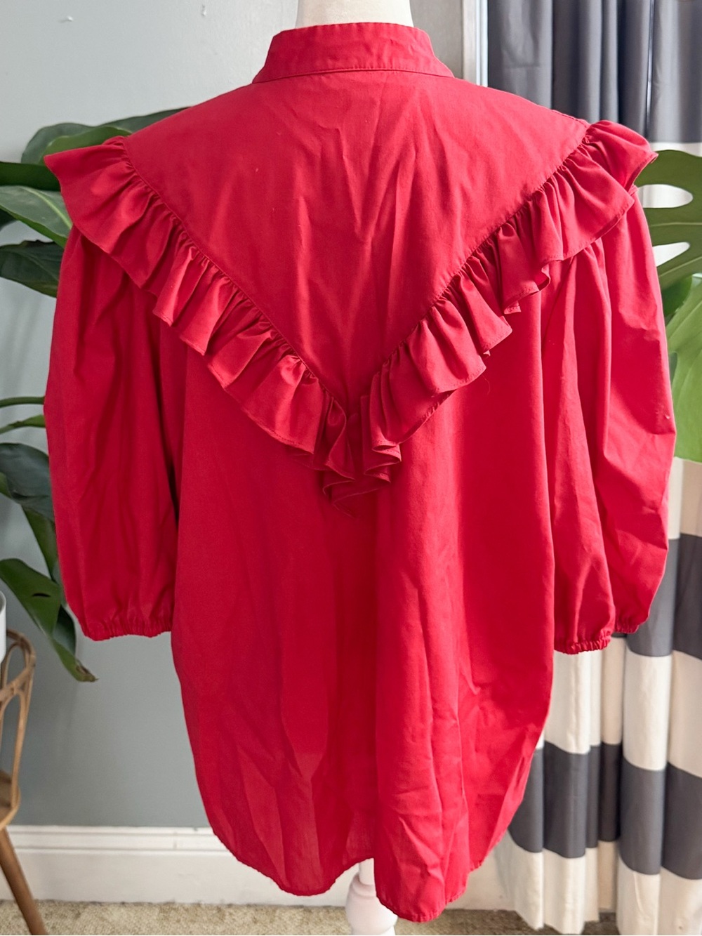 Red Ruffled V-Neck Button Front Women's Top - Picture 5 of 9